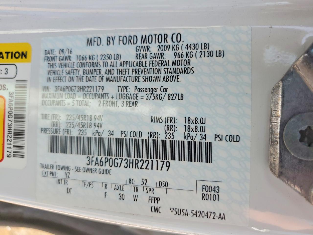 2017 Ford Fusion VIN 3FA6P0G73HR221179 photo 12