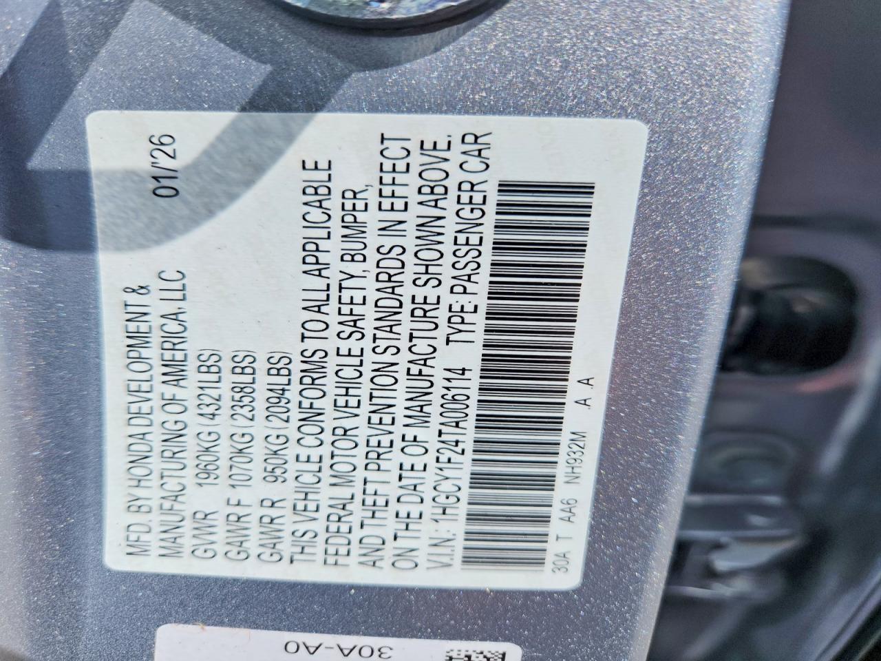 2026 Honda Accord VIN 1HGCY1F24TA006114 photo 12