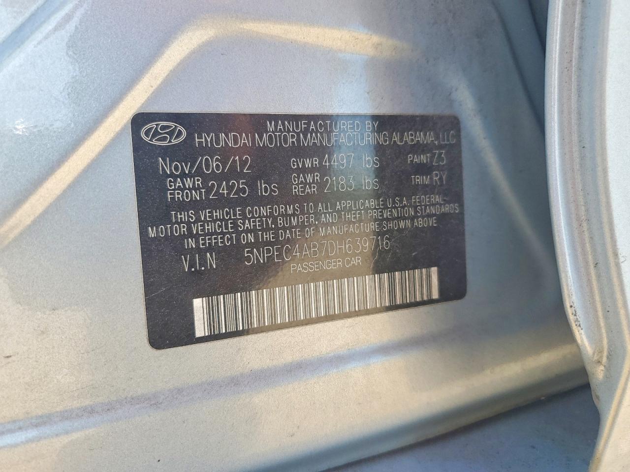 2013 Sonata VIN 5NPEC4AB7DH639716 photo 12