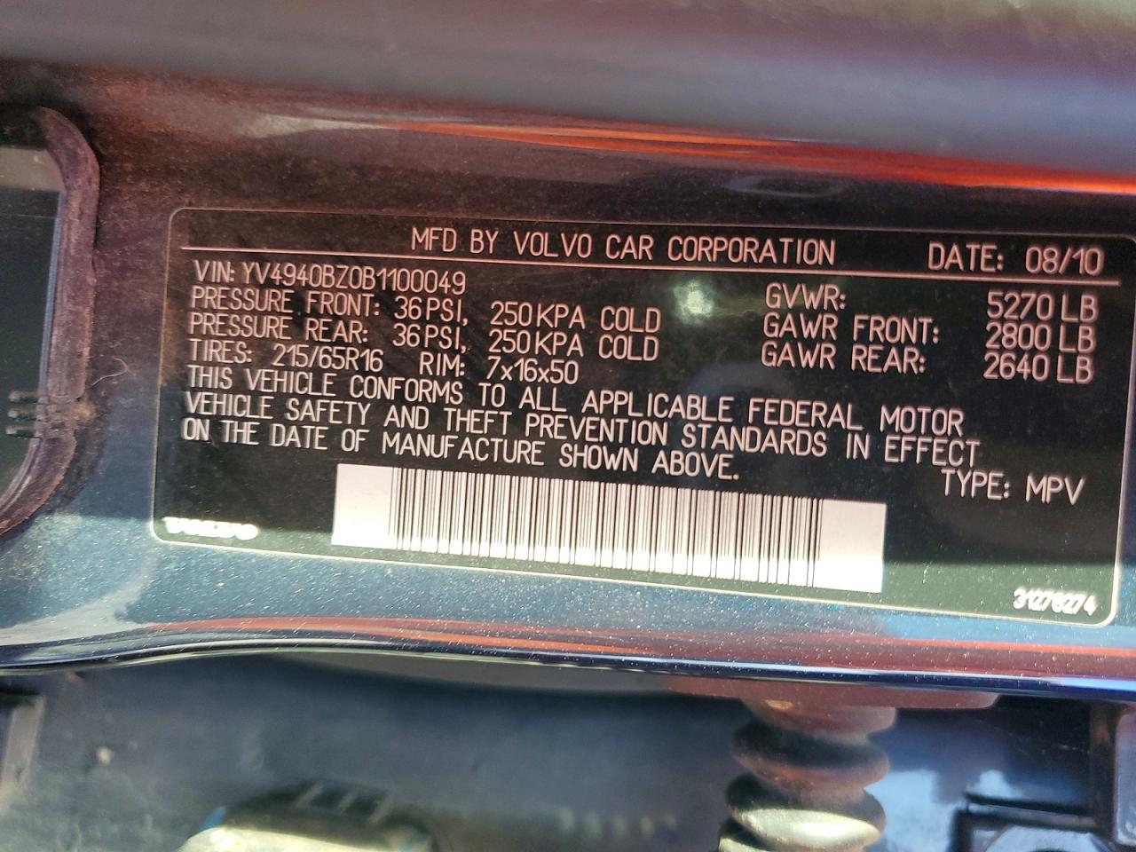 2011 VOLV Xc70 VIN YV4940BZ0B1100049 photo 12
