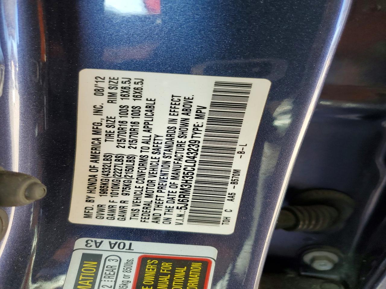 2012 Honda Crv VIN 5J6RM3H35CL043239 photo 12