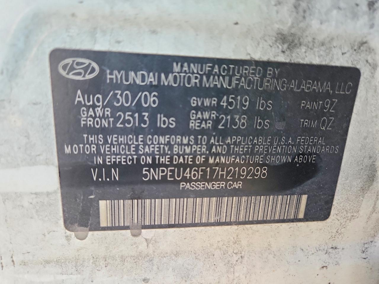 2007 Hyundai Sonata VIN 5NPEU46F17H219298 photo 12