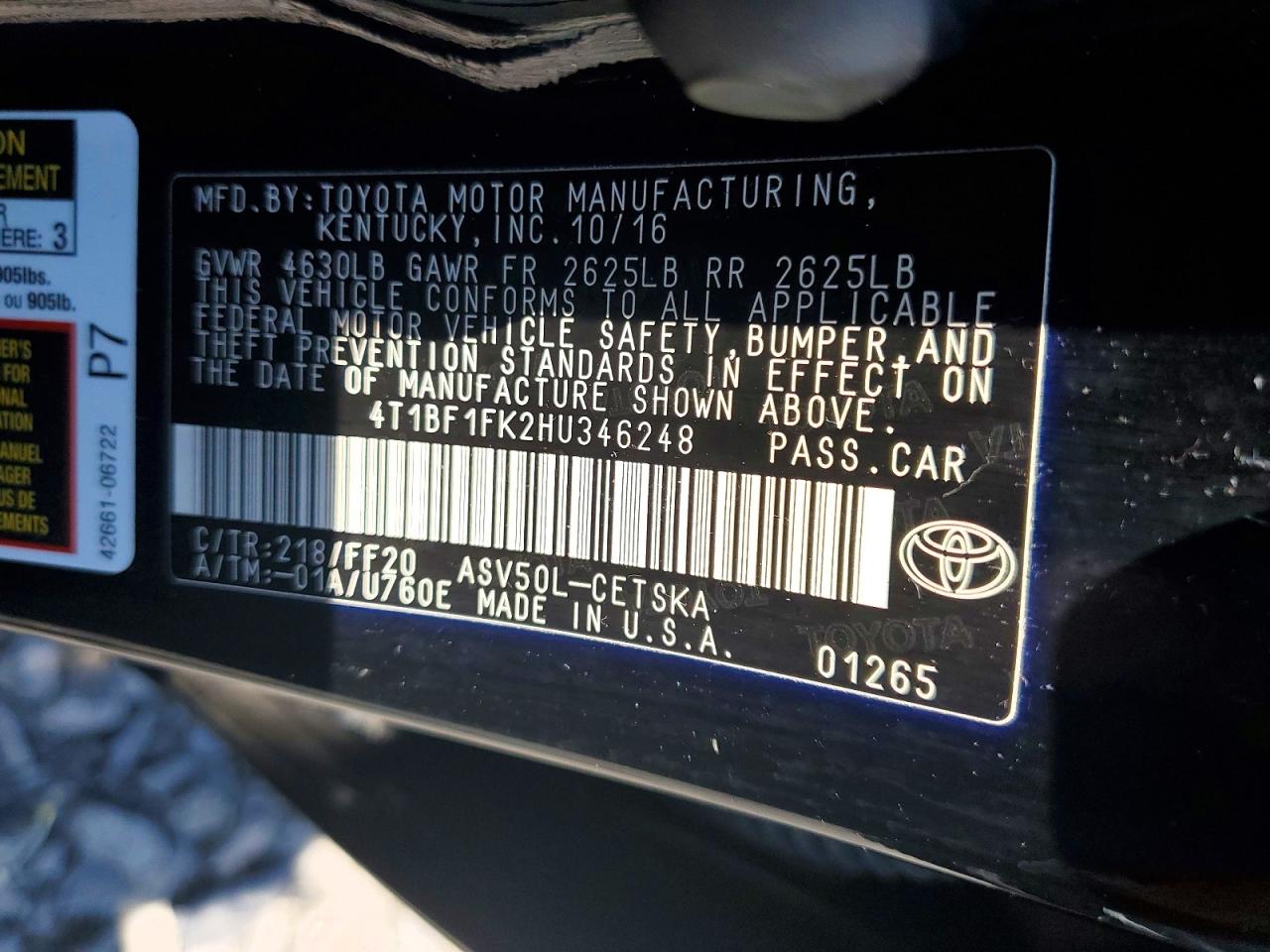 2017 Toyota Camry VIN 4T1BF1FK2HU346248 photo 12