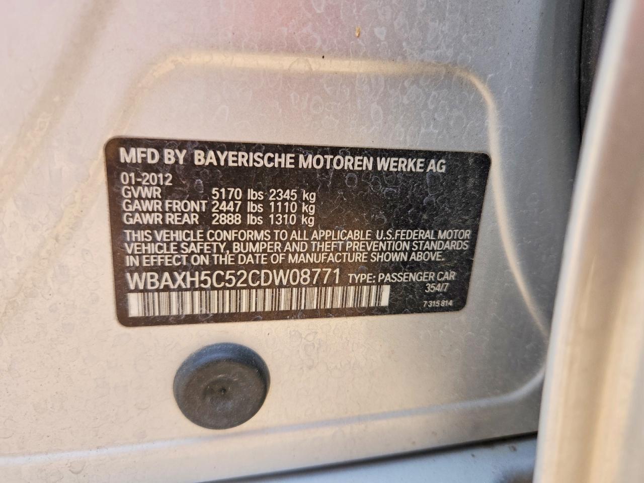 2012 BMW 5 series VIN WBAXH5C52CDW08771 photo 12