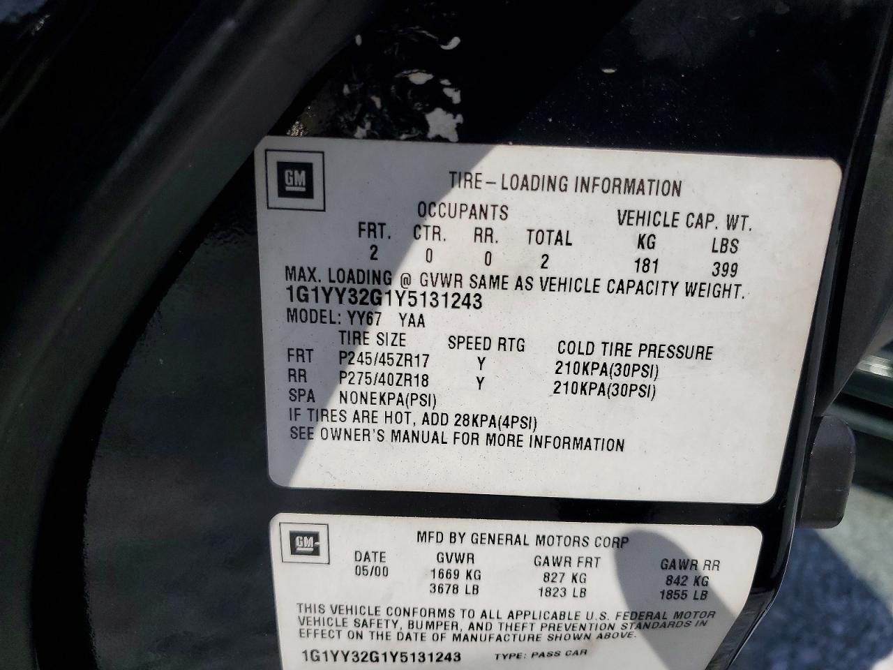 2000 CHEV Corvette VIN 1G1YY32G1Y5131243 photo 12