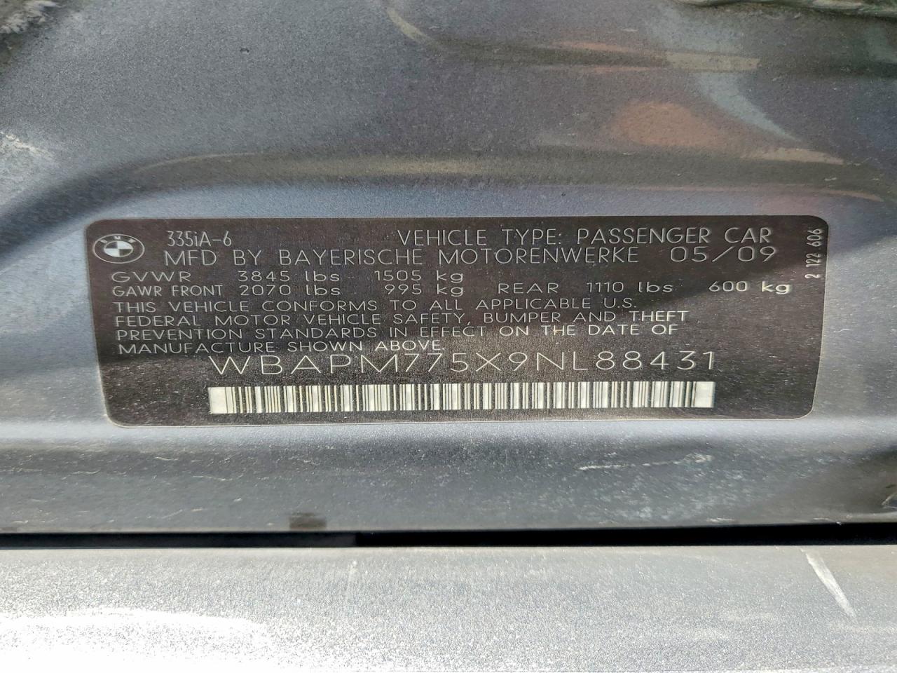 2009 BMW 3 series VIN WBAPM775X9NL88431 photo 12