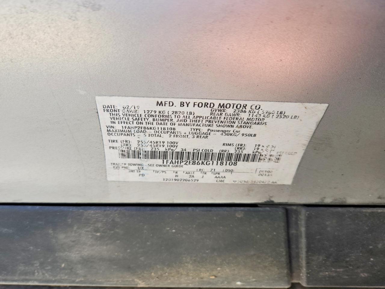 2019 FORD Taurus VIN 1FAHP2F86KG118108 photo 12