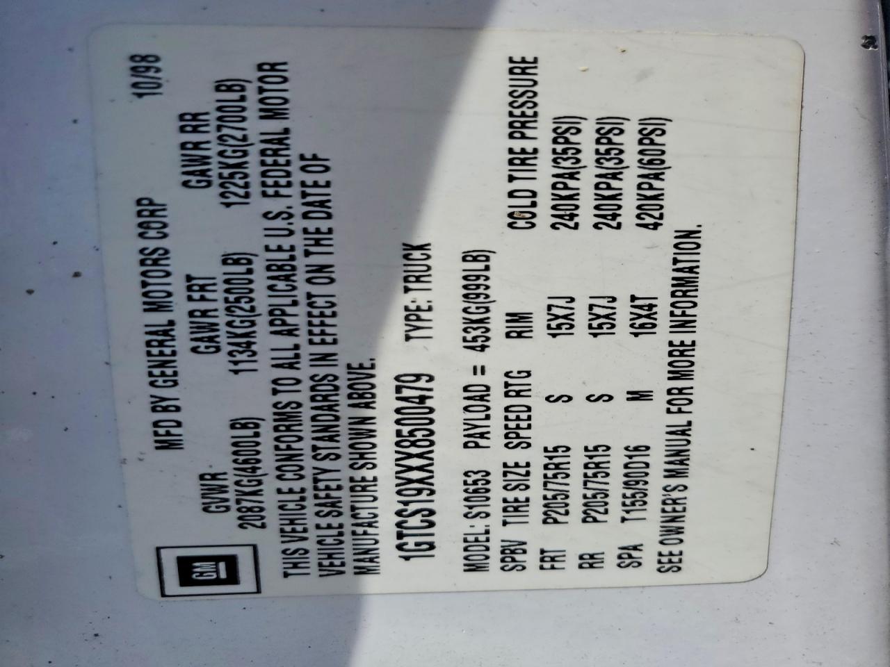 1999 GMC Sonoma VIN 1GTCS19XXX8500479 photo 12