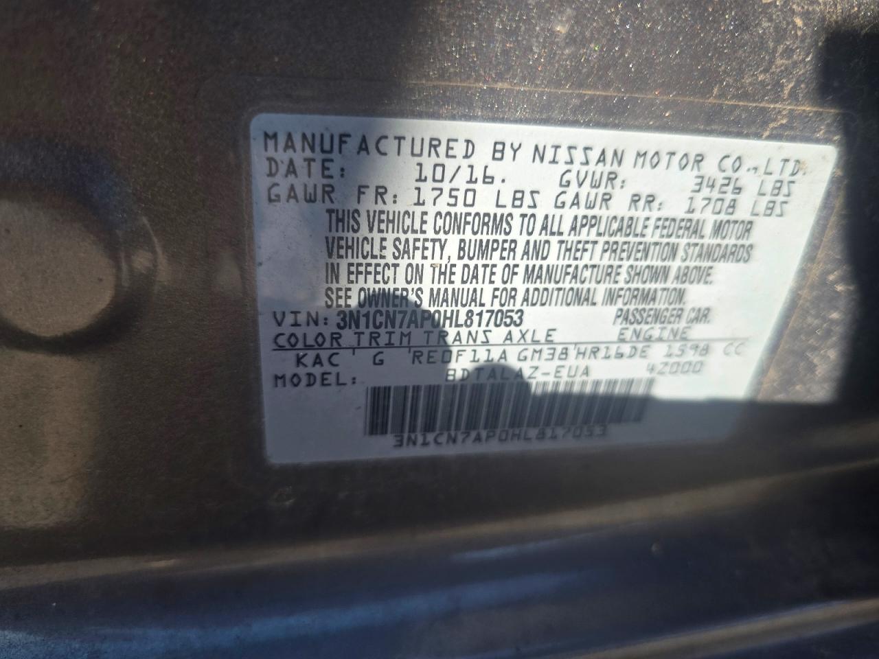2017 Versa VIN 3N1CN7AP0HL817053 photo 10