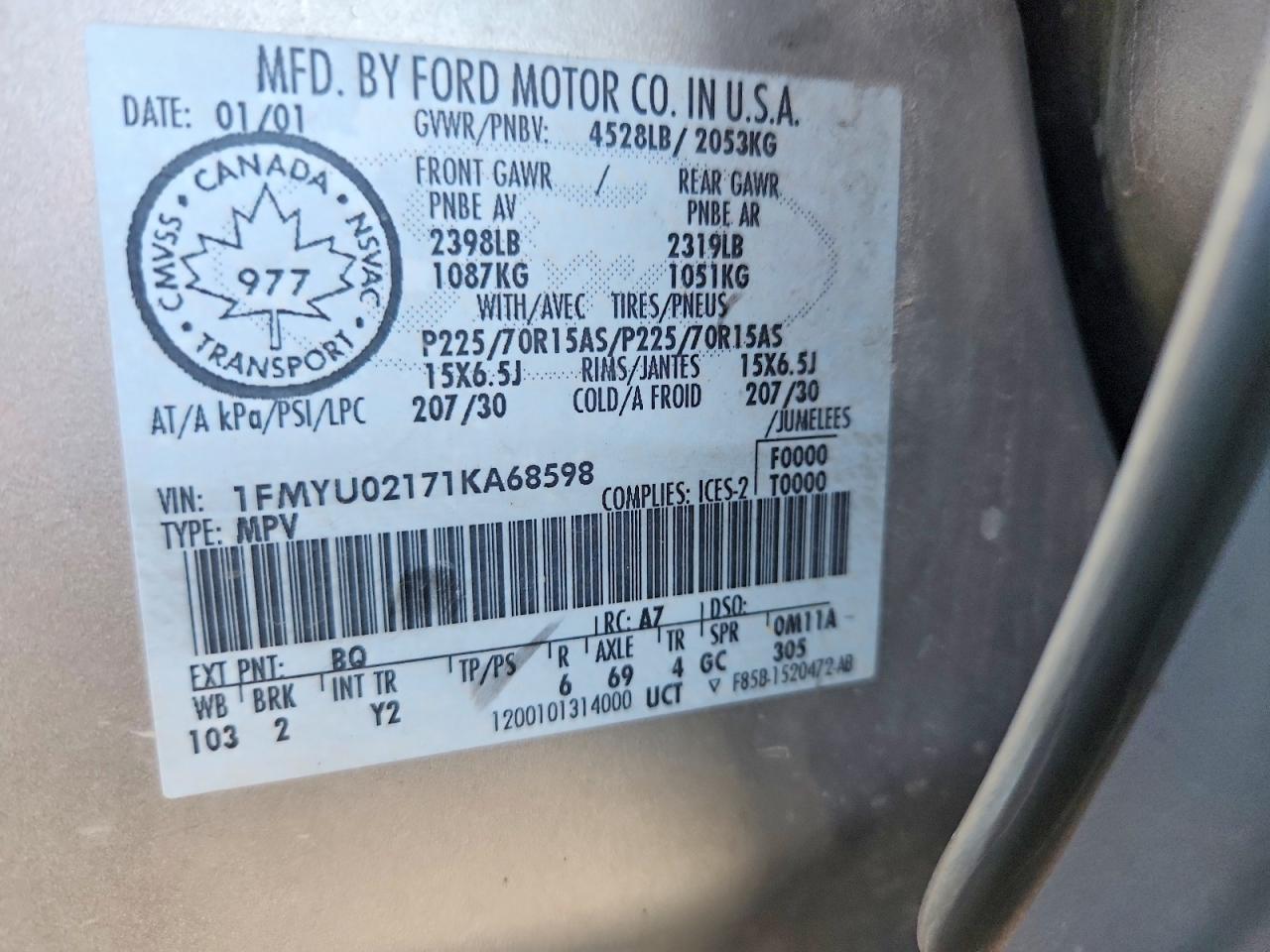 2001 FORD Escape VIN 1FMYU02171KA68598 photo 12