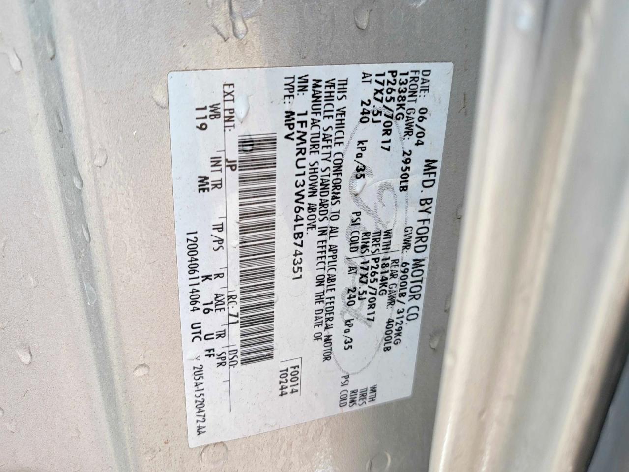 2004 FORD Expedition VIN 1FMRU13W64LB74351 photo 10