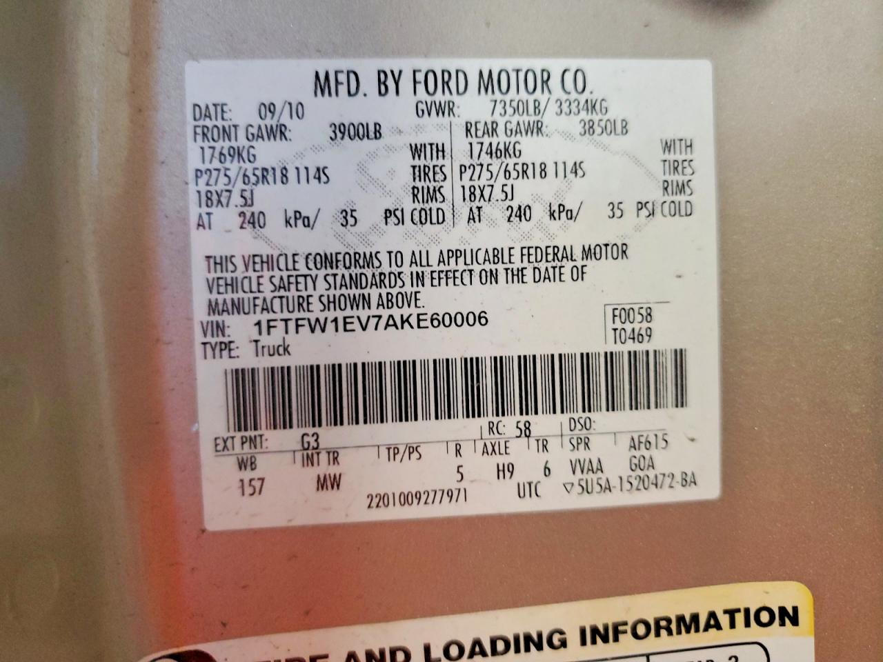 2010 Ford F150 VIN 1FTFW1EV7AKE60006 photo 12