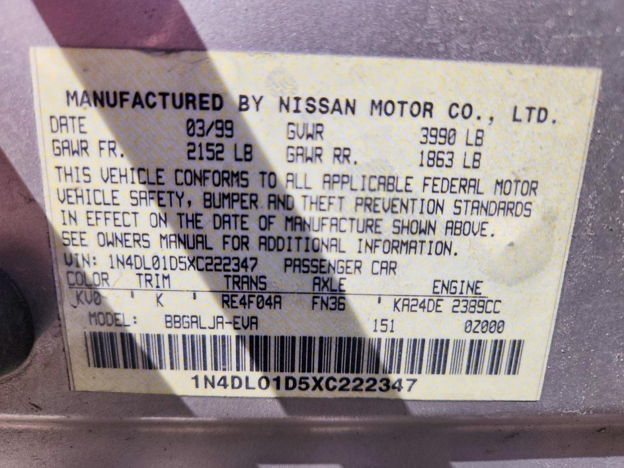 1999 Nissan Altima VIN 1N4DL01D5XC222347 photo 12