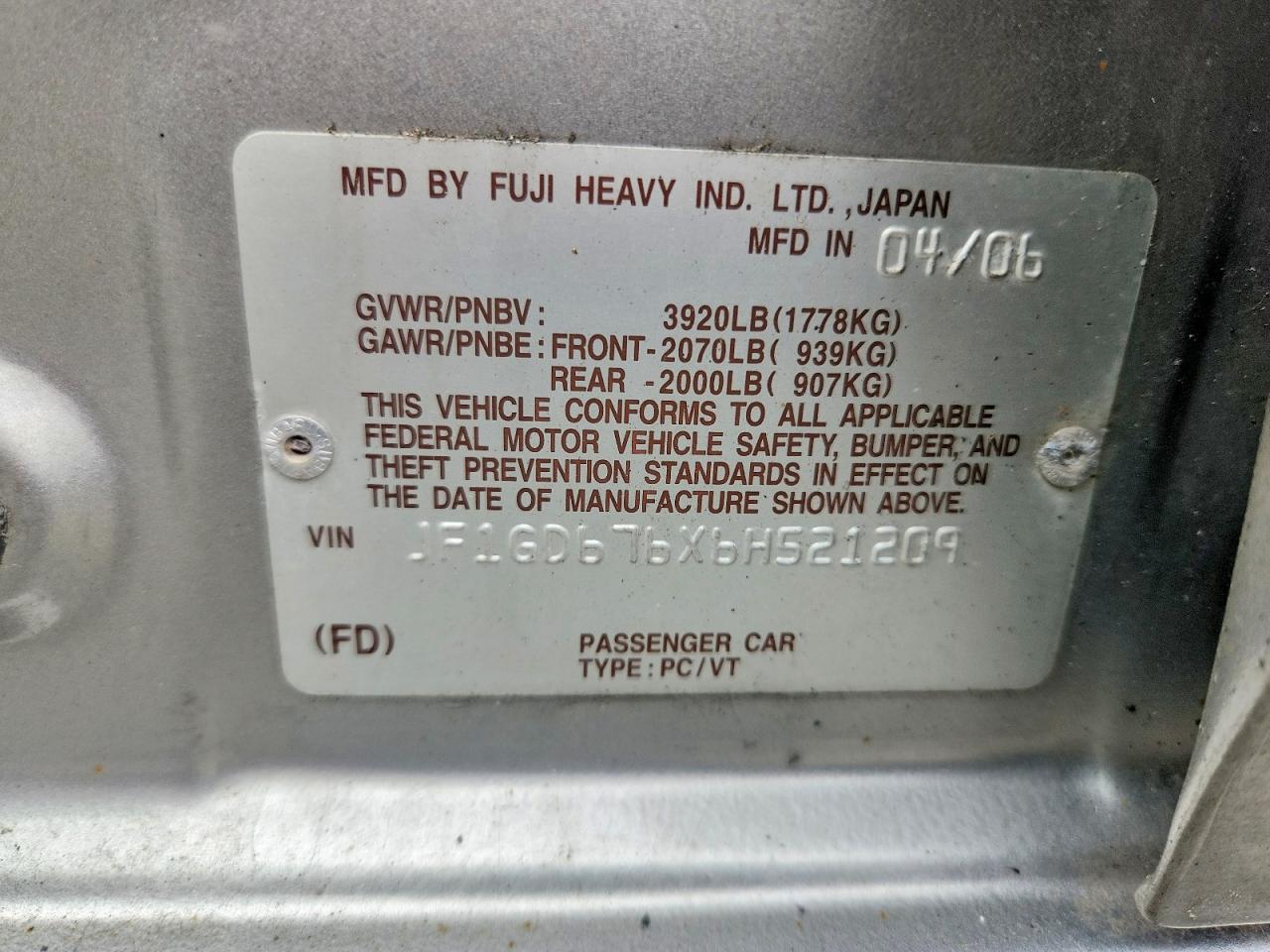 2006 Subaru Impreza VIN JF1GD676X6H521209 photo 12
