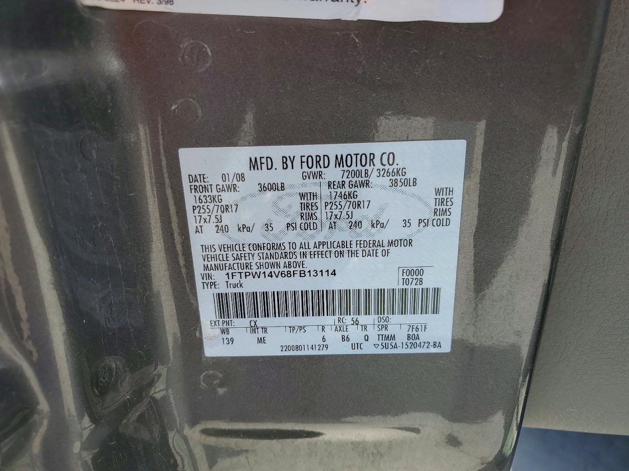 2008 Ford F150 VIN 1FTPW14V68FB13114 photo 12