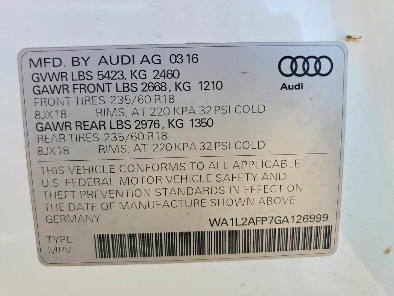 2016 Audi Q5 VIN WA1L2AFP7GA126999 photo 12