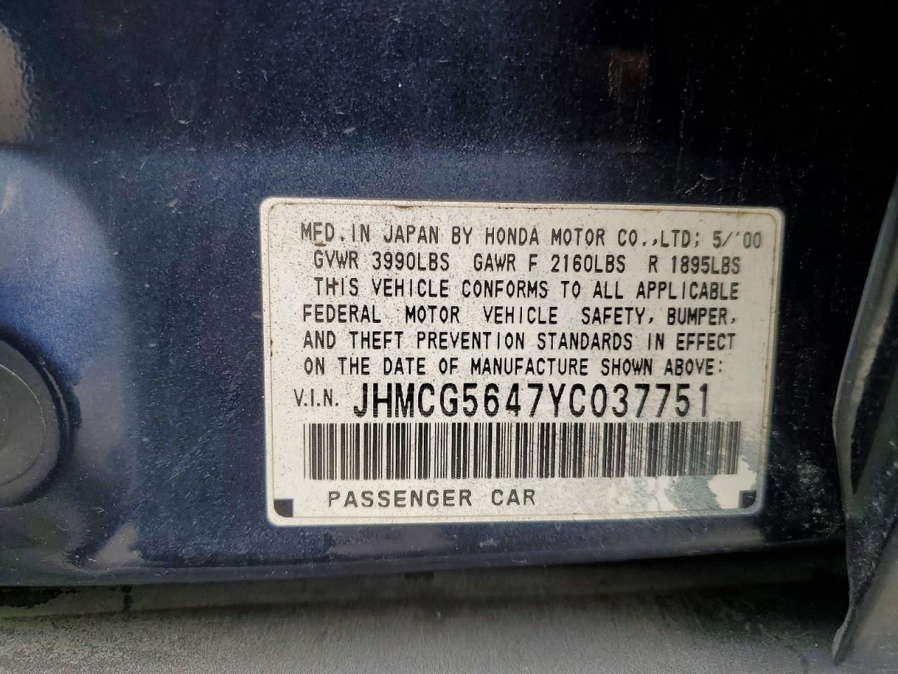 2000 HONDA Accord VIN JHMCG5647YC037751 photo 12