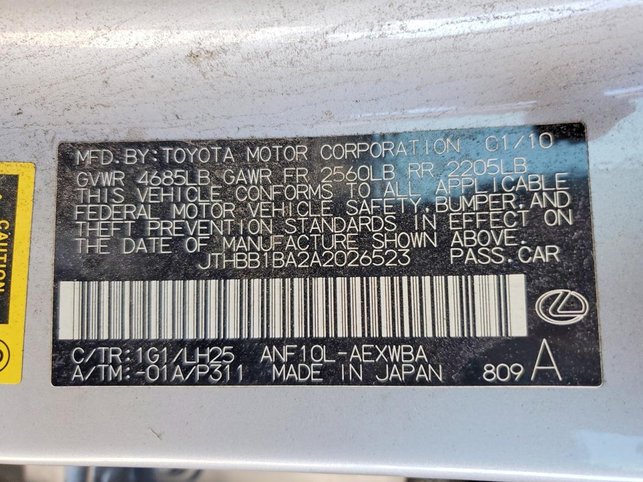2010 Lexus Hs VIN JTHBB1BA2A2026523 photo 12