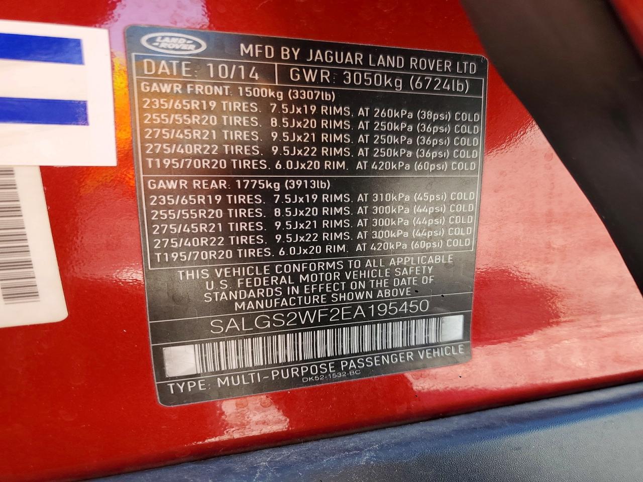 2014 Land Rangerover VIN SALGS2WF2EA195450 photo 12