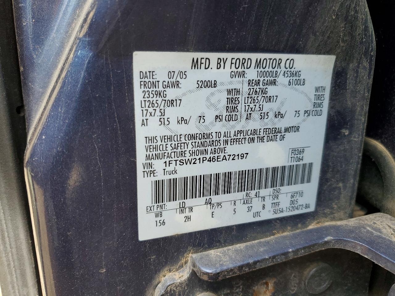2006 FORD F250 VIN 1FTSW21P46EA72197 photo 12