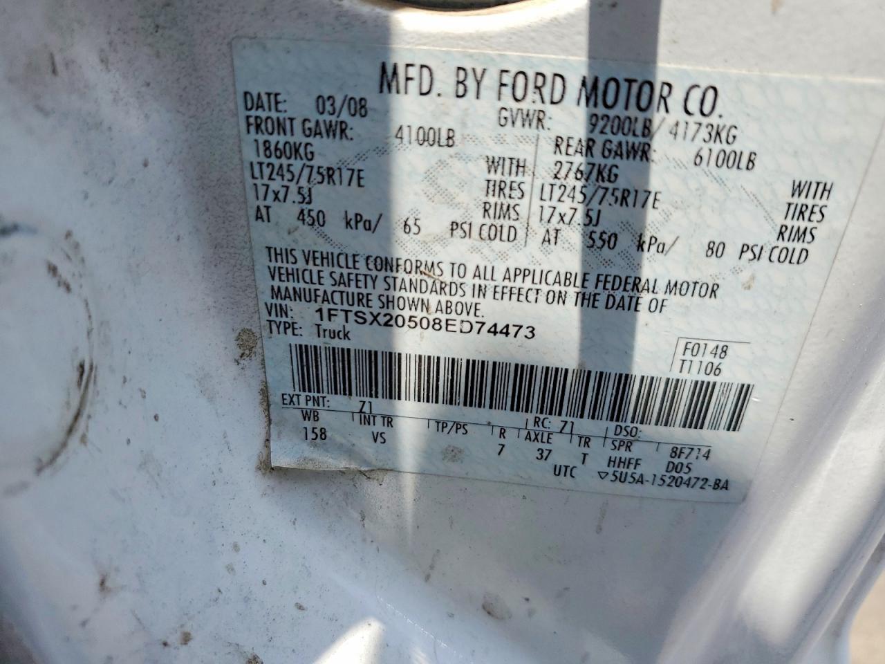 2008 FORD F250 VIN 1FTSX20508ED74473 photo 12