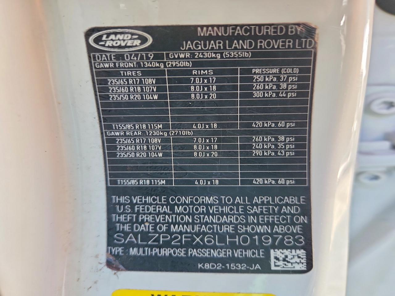 2020 Land Rangerover VIN SALZP2FX6LH019783 photo 12
