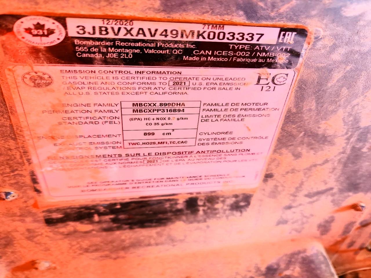 2021 Can-Am Sidebyside VIN 3JBVXAV49MK003337 photo 10