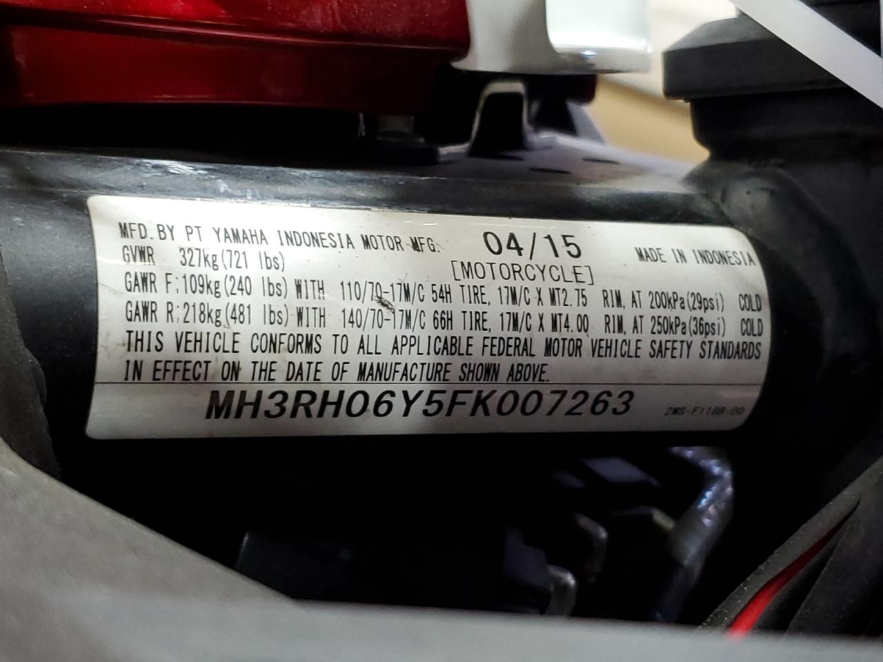 2015 YAMAHA YZFR3 VIN MH3RH06Y5FK007263 photo 9