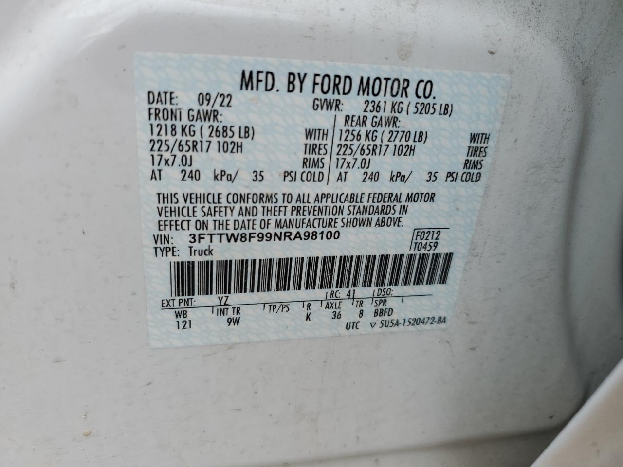2022 Ford Maverick VIN 3FTTW8F99NRA98100 photo 12