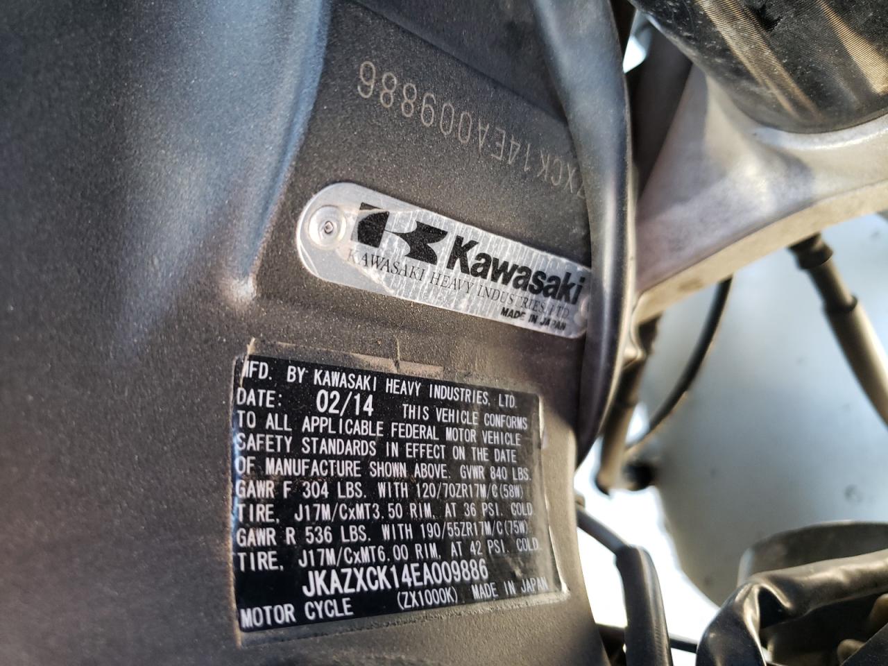 2014 KAWASAKI ZX1000 K VIN JKAZXCK14EA009886 photo 9