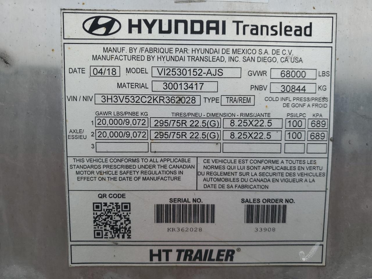 2019 HYUNDAI Translead VIN 3H3V532C2KR362028 photo 10
