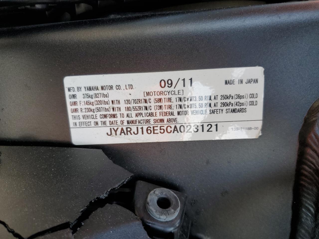 2012 YAMAHA YZFR6 VIN JYARJ16E5CA023121 photo 10