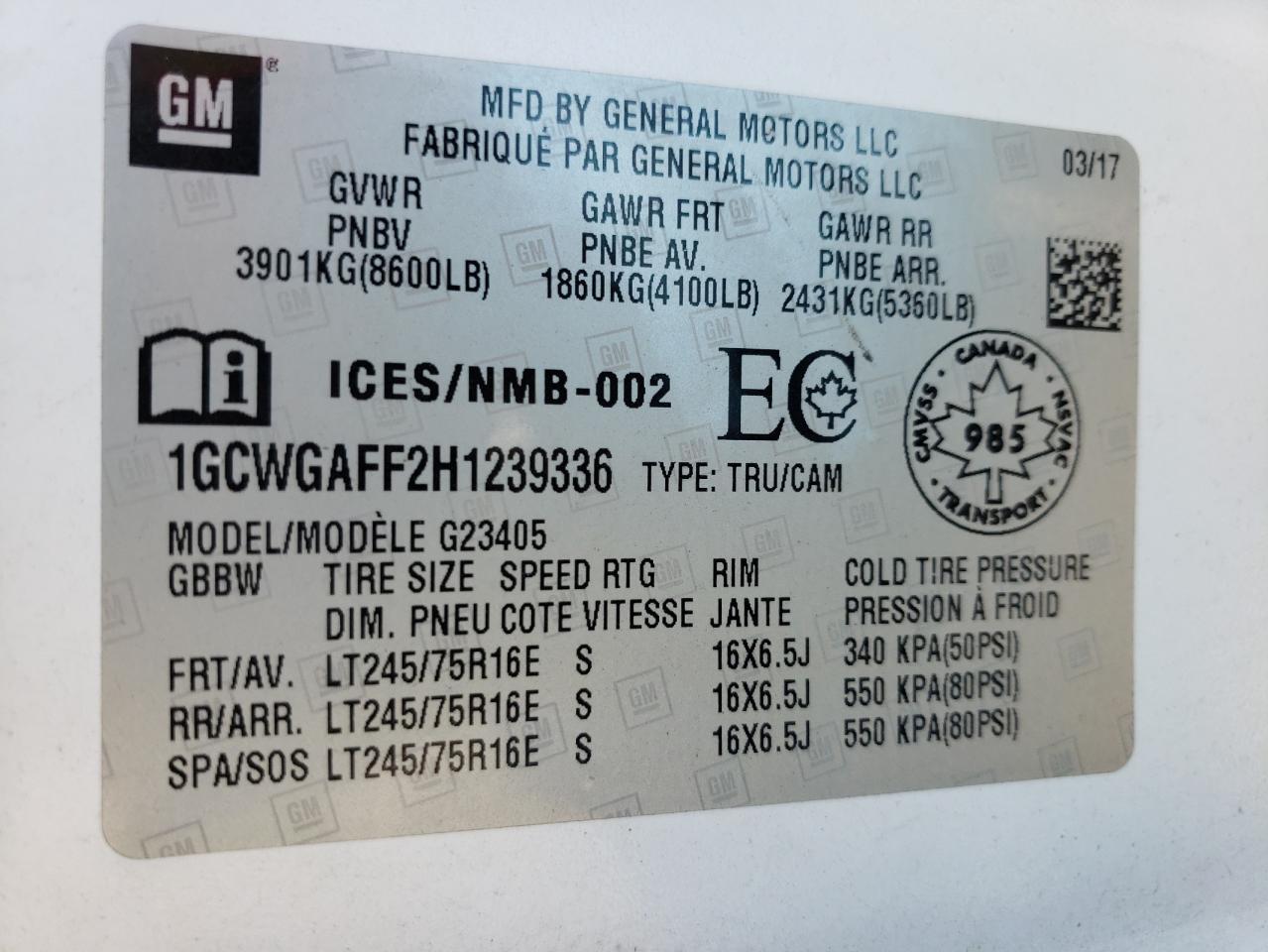 2017 CHEVROLET Express 2500 VIN 1GCWGAFF2H1239336 photo 12