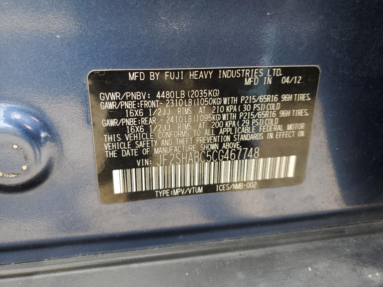 2012 Subaru Forester VIN JF2SHABC5CG467748 photo 12