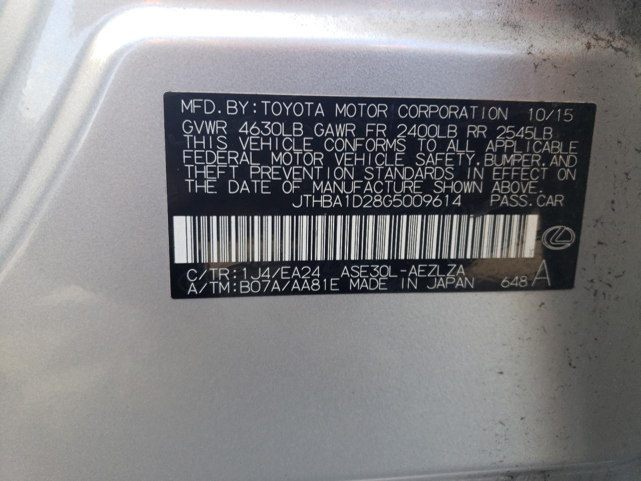 2016 Lexus Is VIN JTHBA1D28G5009614 photo 12