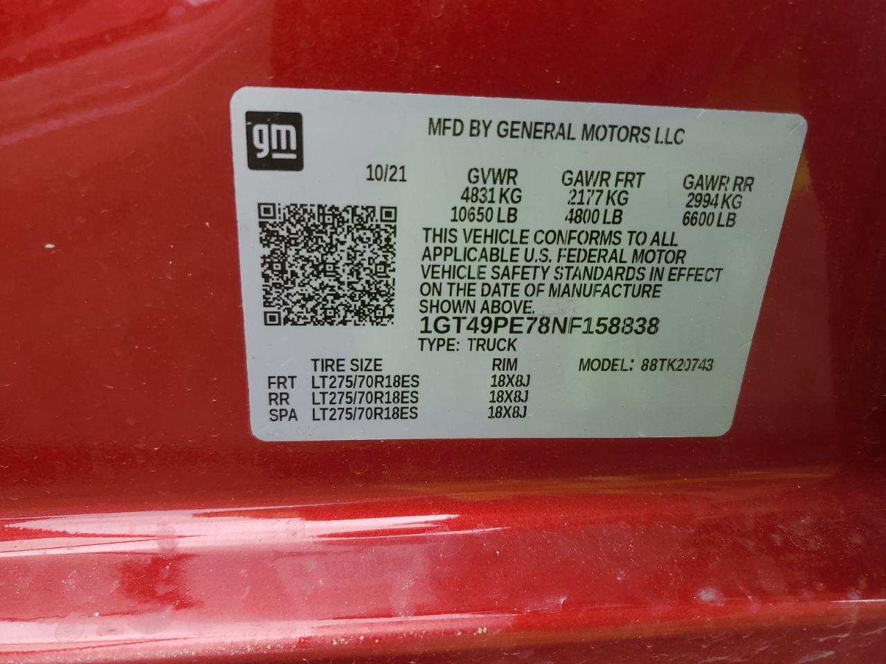 2022 GMC SIERRA VIN 1GT49PE78NF158838 photo 12