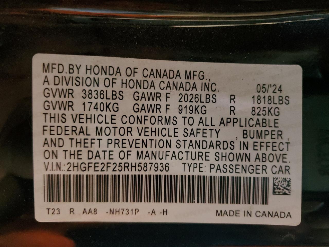 2024 Honda Civic VIN 2HGFE2F25RH587936 photo 12