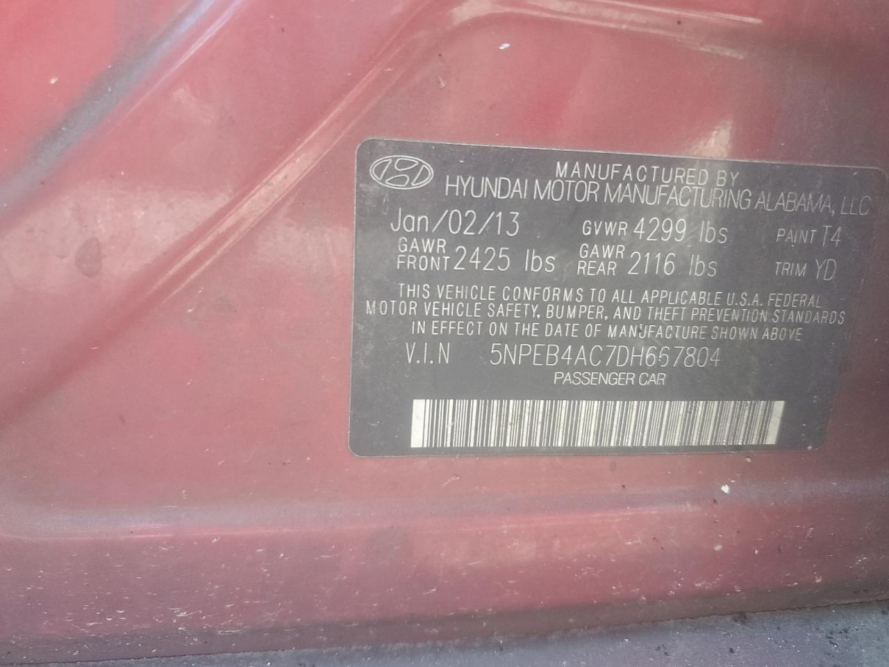 2013 Hyundai Sonata VIN 5NPEB4AC7DH667804 photo 12