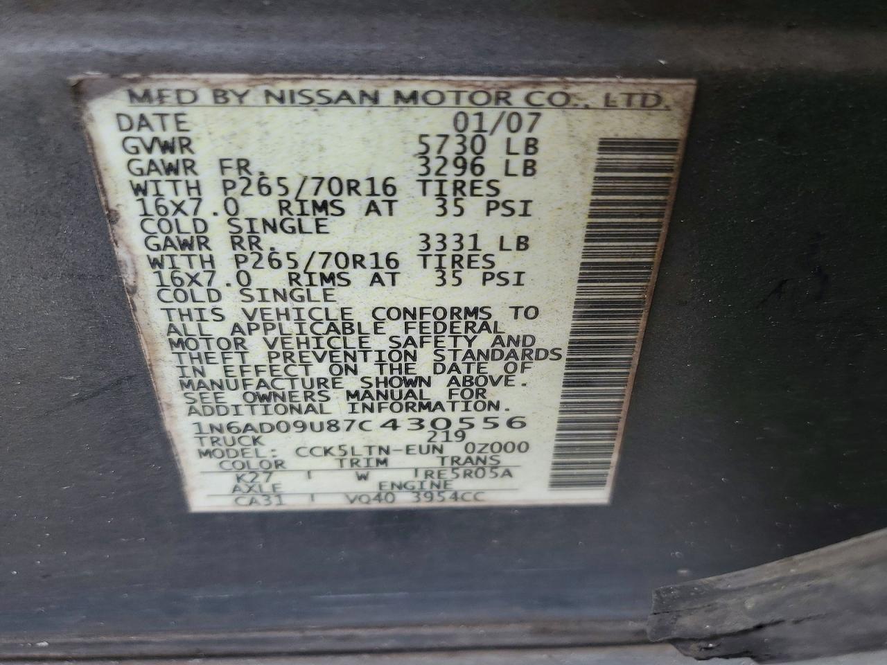 2007 Nissan Frontier VIN 1N6AD09U87C430556 photo 12