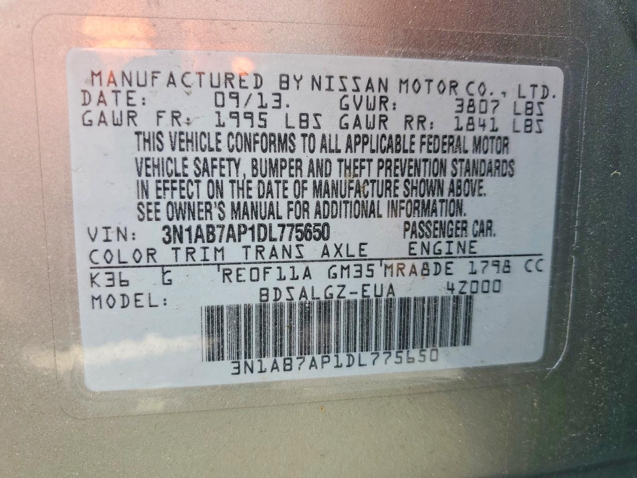 2013 Nissan Sentra VIN 3N1AB7AP1DL775650 photo 12