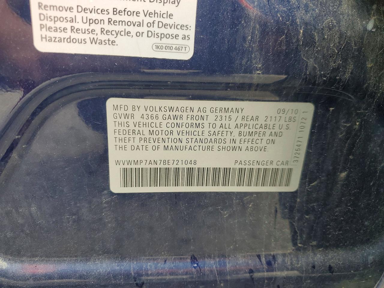 2011 Volkswagen Cc VIN WVWMP7AN7BE721048 photo 12