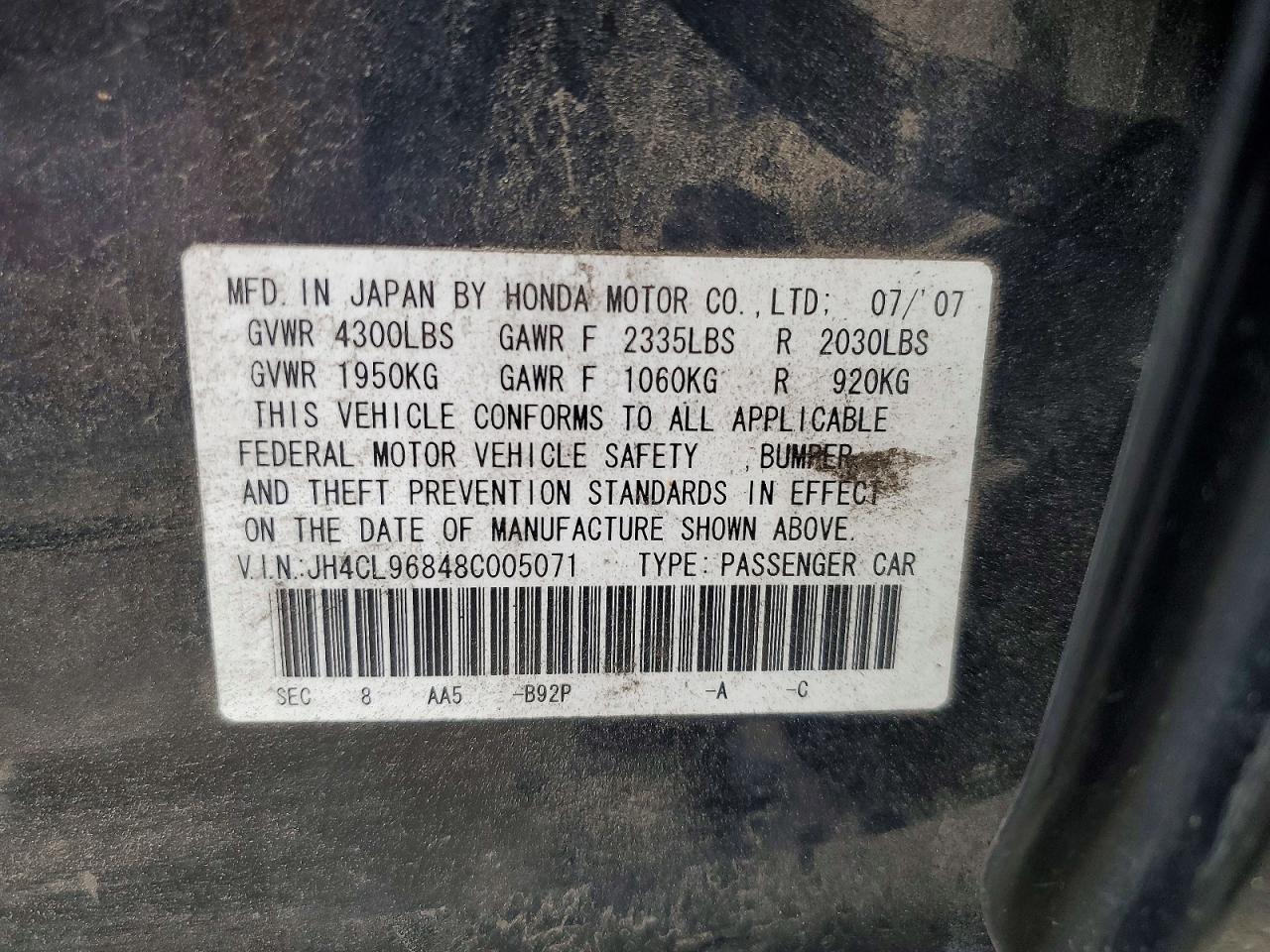 2008 Acura Tsx VIN JH4CL96848C005071 photo 12