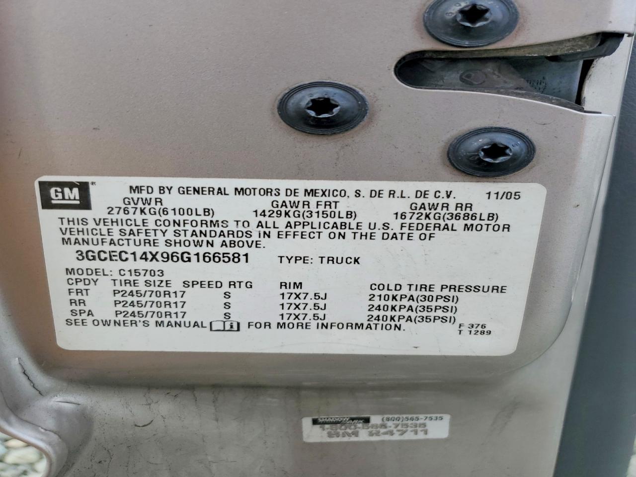 2006 CHEV Silverado VIN 3GCEC14X96G166581 photo 12