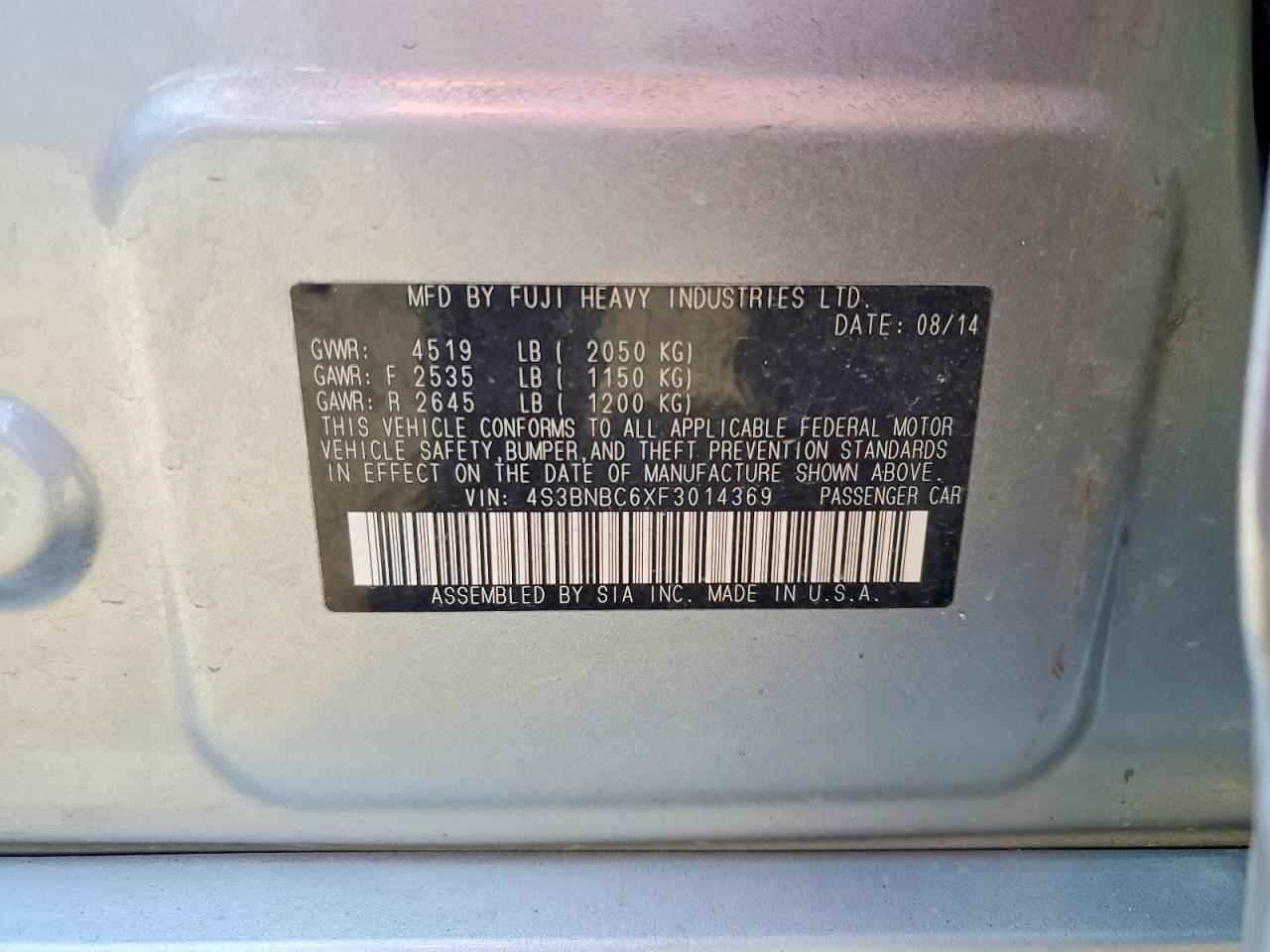 2015 Subaru LEGACY VIN 4S3BNBC6XF3014369 photo 12