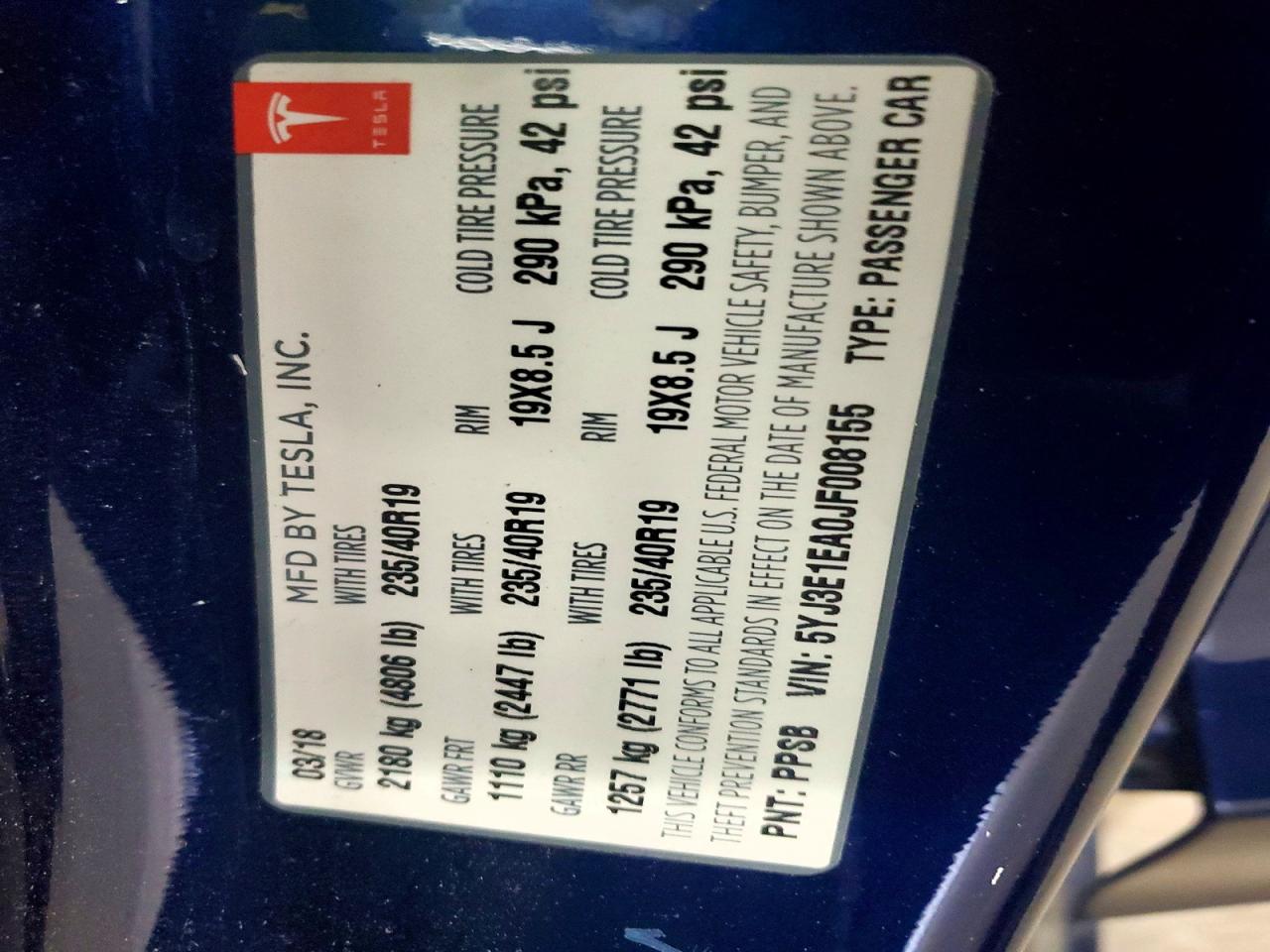2018 Tesla Model 3 VIN 5YJ3E1EA0JF008155 photo 12