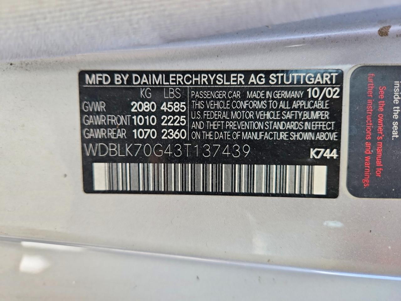 2003 Mercedes-Benz Clk-class VIN WDBLK70G43T137439 photo 12