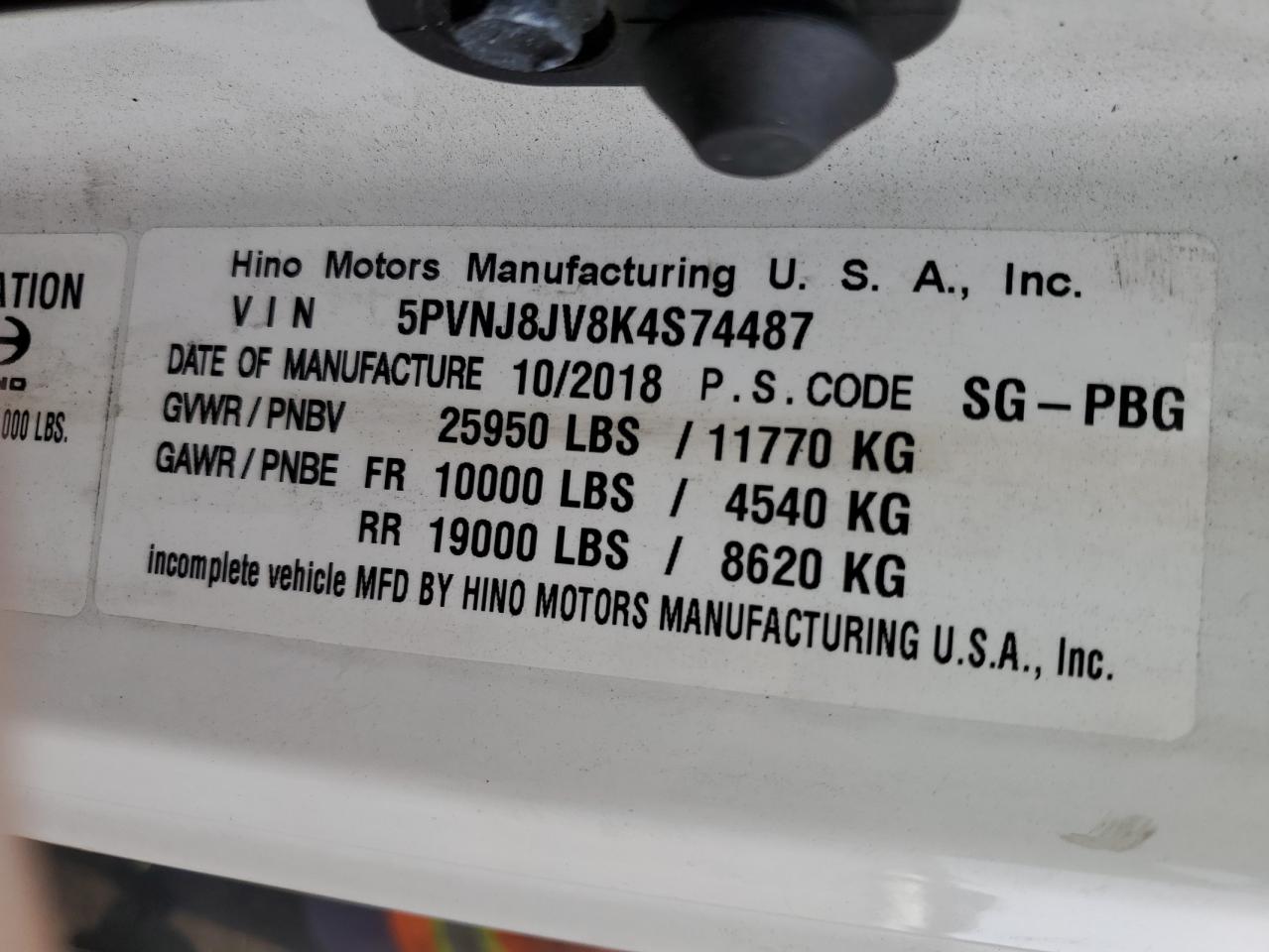 2019 HINO 258/268 VIN 5PVNJ8JV8K4S74487 photo 10