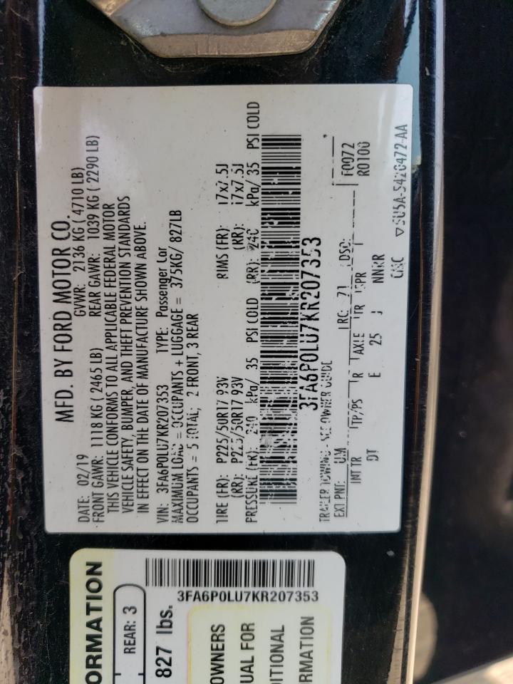 2019 FORD Fusion VIN 3FA6P0LU7KR207353 photo 12