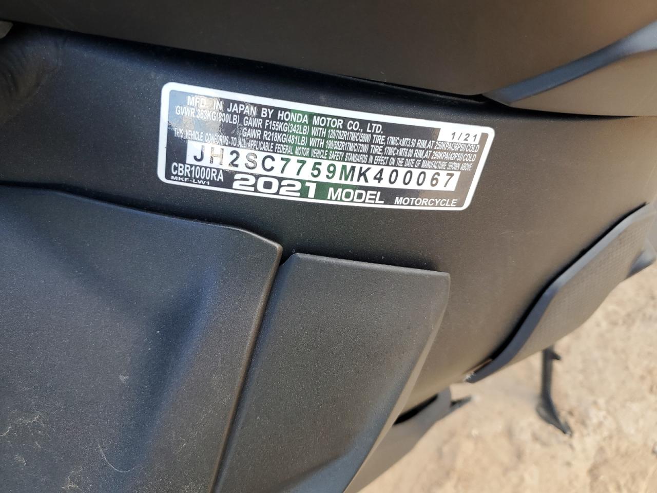 2021 Honda Cbr cycle VIN JH2SC7759MK400067 photo 9