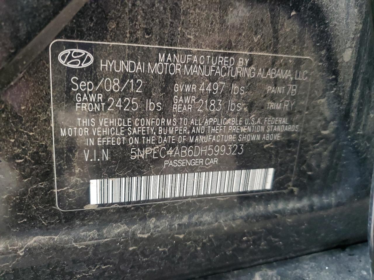 2013 HYUNDAI Sonata se VIN 5NPEC4AB6DH599323 photo 12